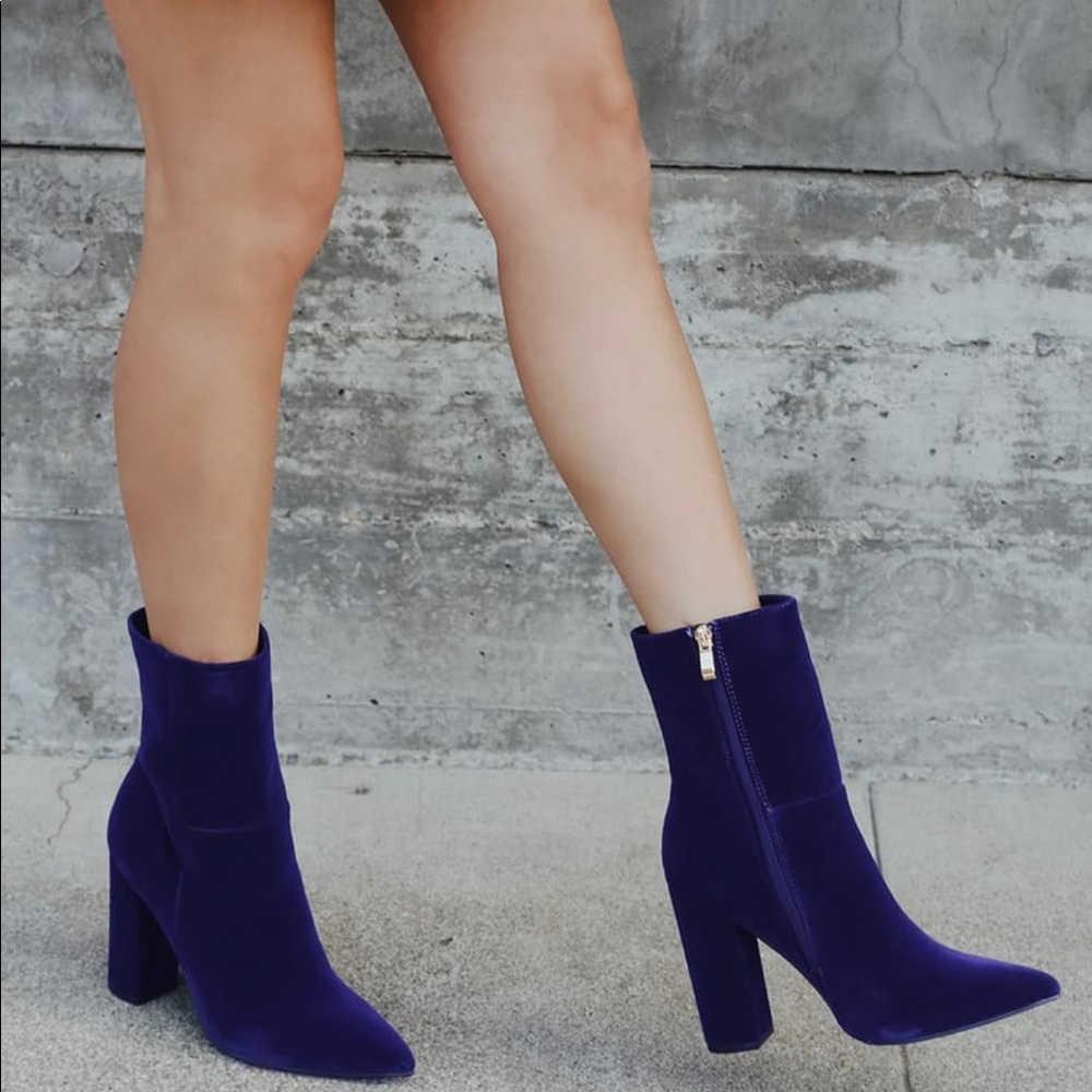 Lulu’s Dawson Blue Velvet Pointed-Toe Mid Calf Boots